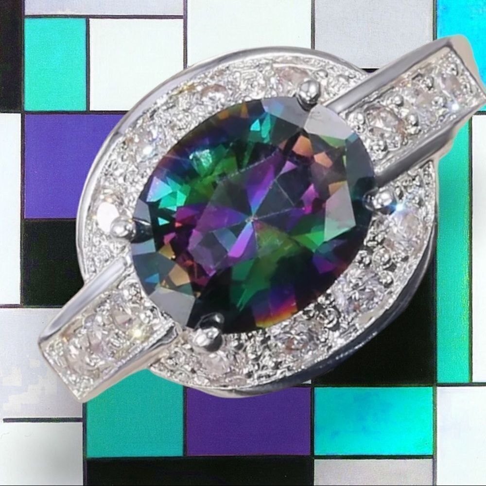 Stellar White Gold Dipped Mystic Topaz Engagement/Fashion Ring Sz7 S7 Size 7